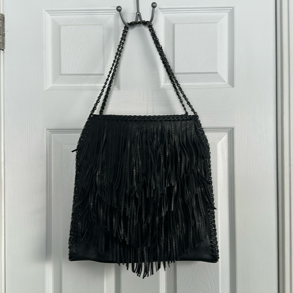 Vintage Black Leather Tassel Purse - vtg western purse